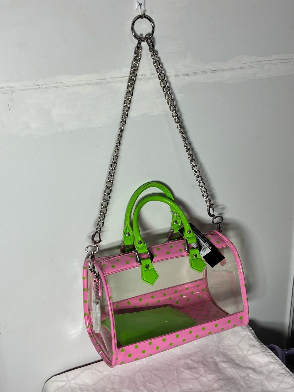 Stadium approved Clear bag NWT Dustbag bagcharm incl. pink lime green polkadot - Picture 5 of 17